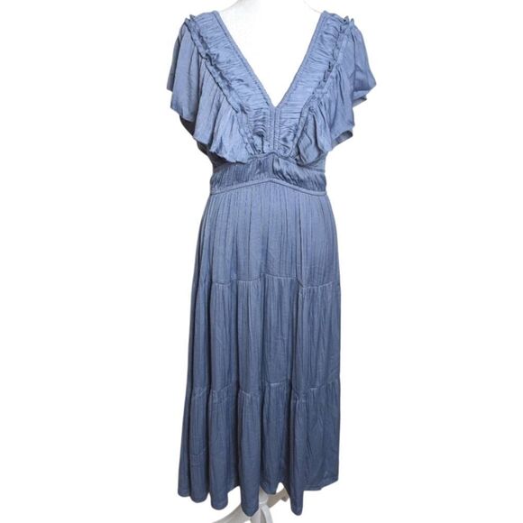 Joie Blue flutter Ruffle Pleated Crinkle Sundress Midi Dress Womens M - Picture 2 of 7